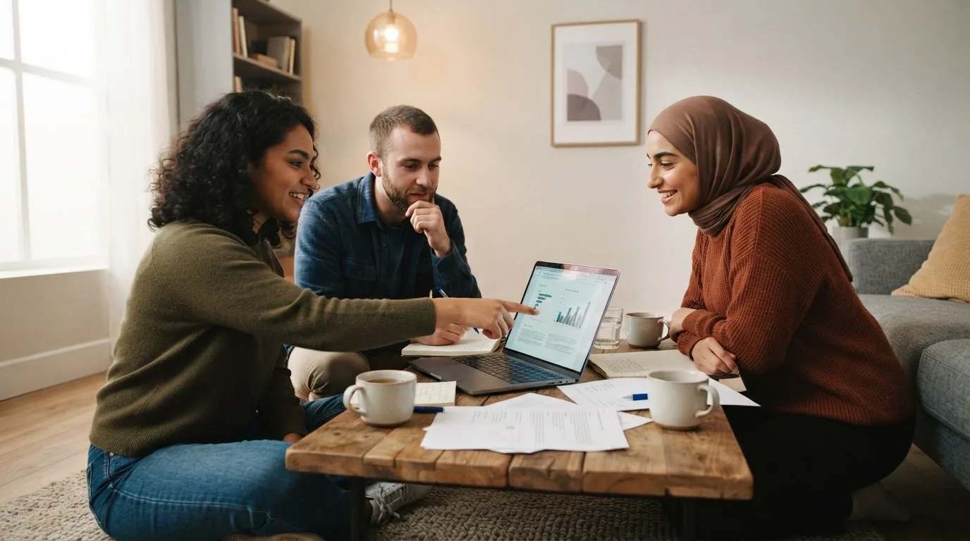 Un gruppo di tre persone confronta opinioni sorridendo attorno a un tavolo da caffè, con laptop e tazze fumanti davanti a loro.