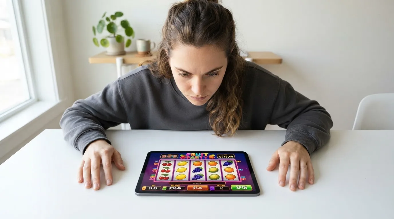 Un giovane adulto osserva concentrato lo schermo di un tablet appoggiato su un tavolo, in una stanza luminosa e ordinata.